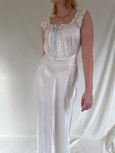 1940's White Satin Slip with Baby Blue Ribbon