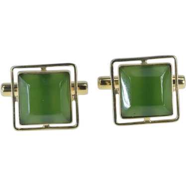 14K Square Nephrite Vintage Ornate Cuff Links Yel… - image 1