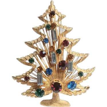 Brooks Christmas tree brooch rhinestone candles w… - image 1