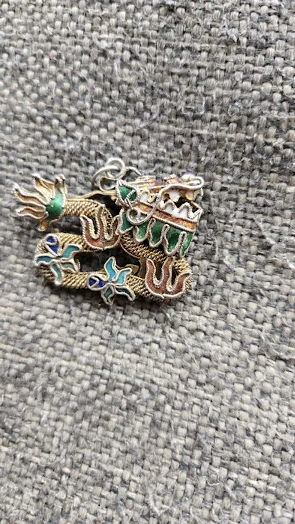 Vintage China Chinese DRAGON Enamel Silver Abstra… - image 3