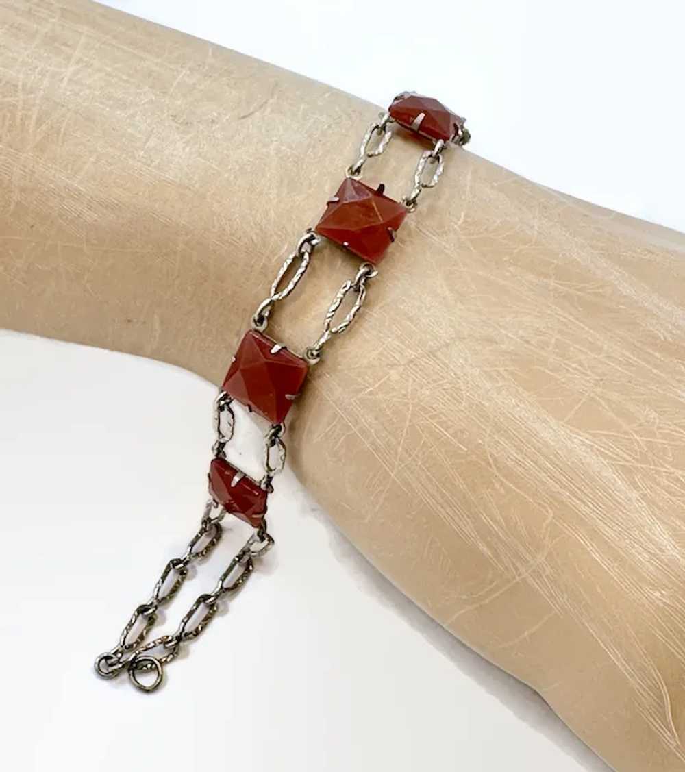 Art Deco Bracelet, Ornate Links, Carnelian Glass,… - image 2