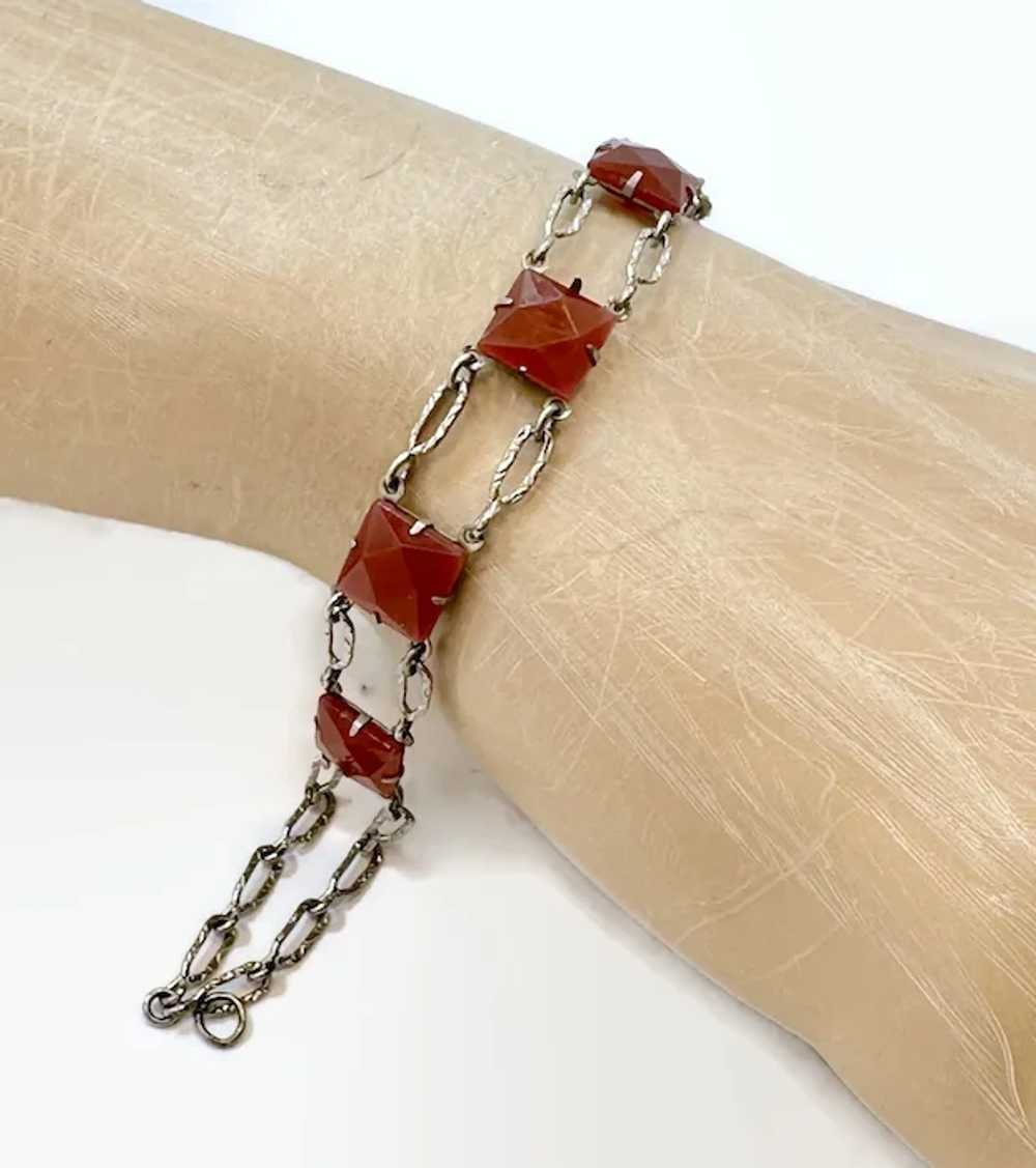 Art Deco Bracelet, Ornate Links, Carnelian Glass,… - image 4