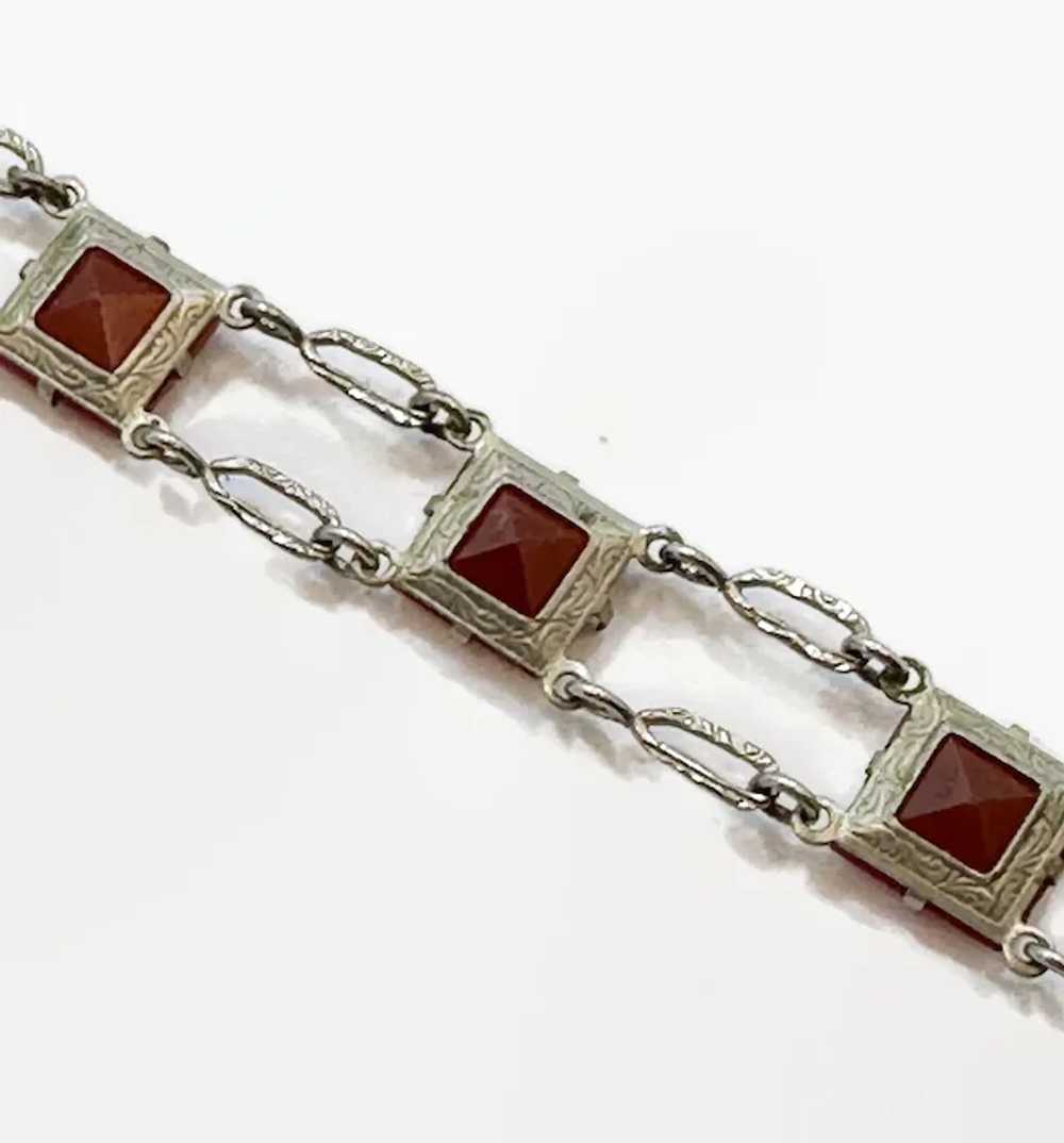 Art Deco Bracelet, Ornate Links, Carnelian Glass,… - image 7