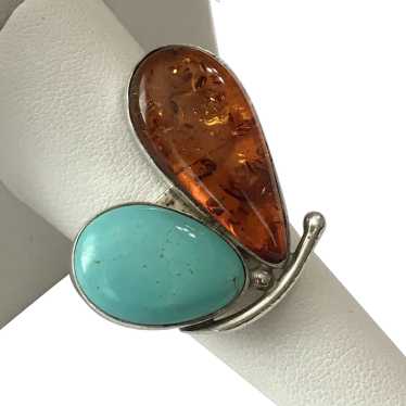 POLAND Sterling Silver Baltic Amber and Turquoise… - image 1