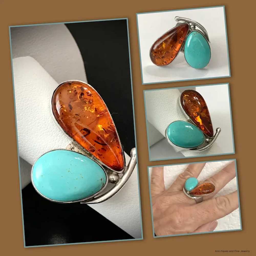 POLAND Sterling Silver Baltic Amber and Turquoise… - image 2