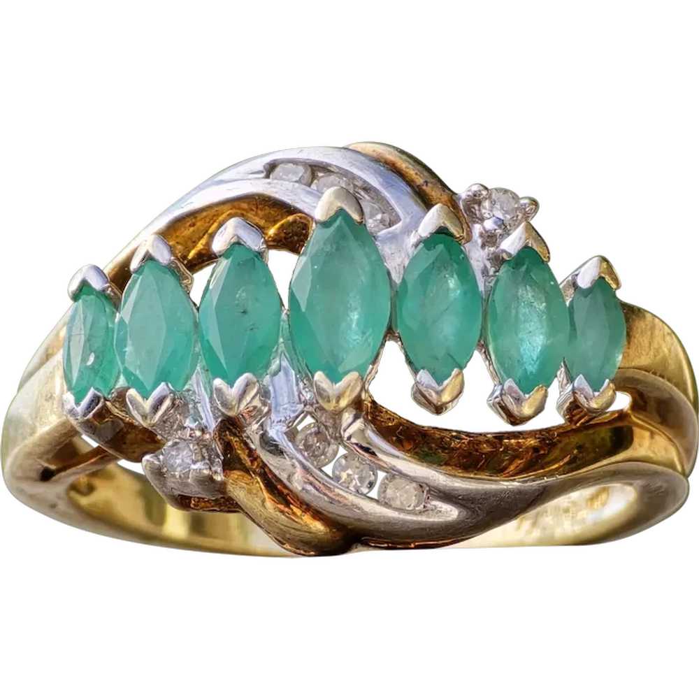 Estate 7 Marquise Natural Emerald 10k Gold Cockta… - image 1