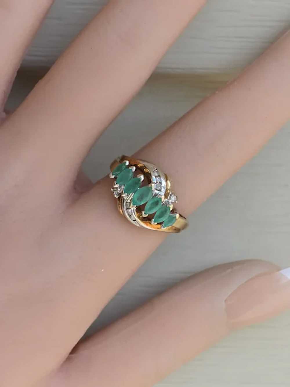 Estate 7 Marquise Natural Emerald 10k Gold Cockta… - image 2