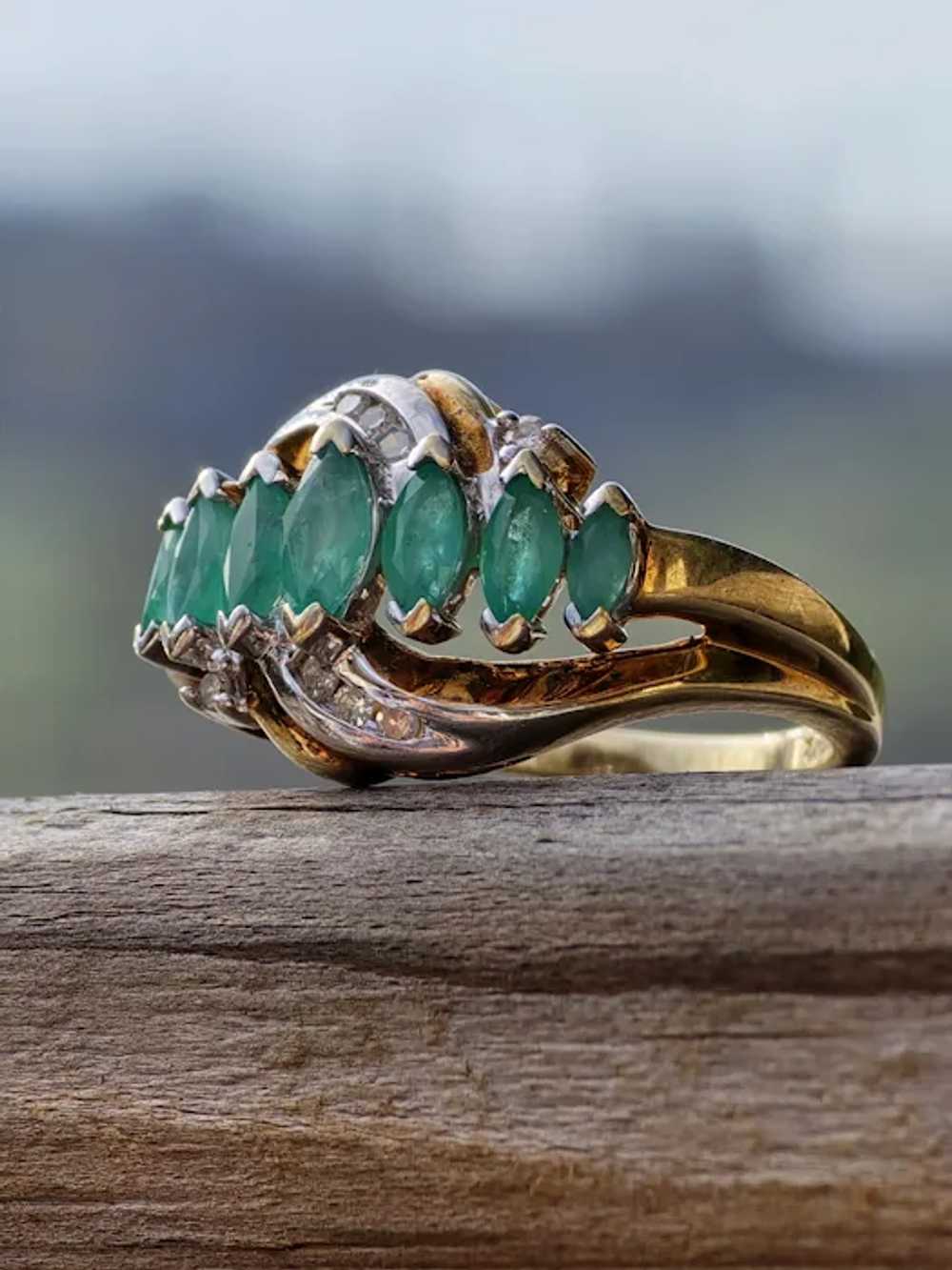 Estate 7 Marquise Natural Emerald 10k Gold Cockta… - image 3