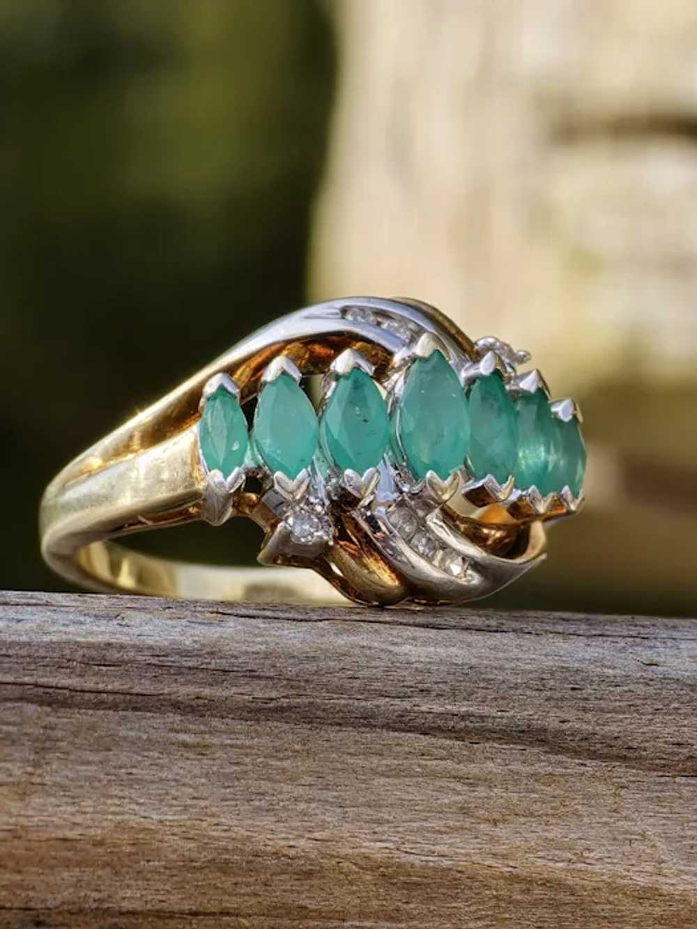 Estate 7 Marquise Natural Emerald 10k Gold Cockta… - image 5