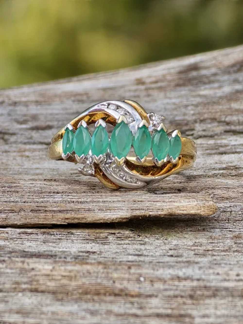 Estate 7 Marquise Natural Emerald 10k Gold Cockta… - image 7