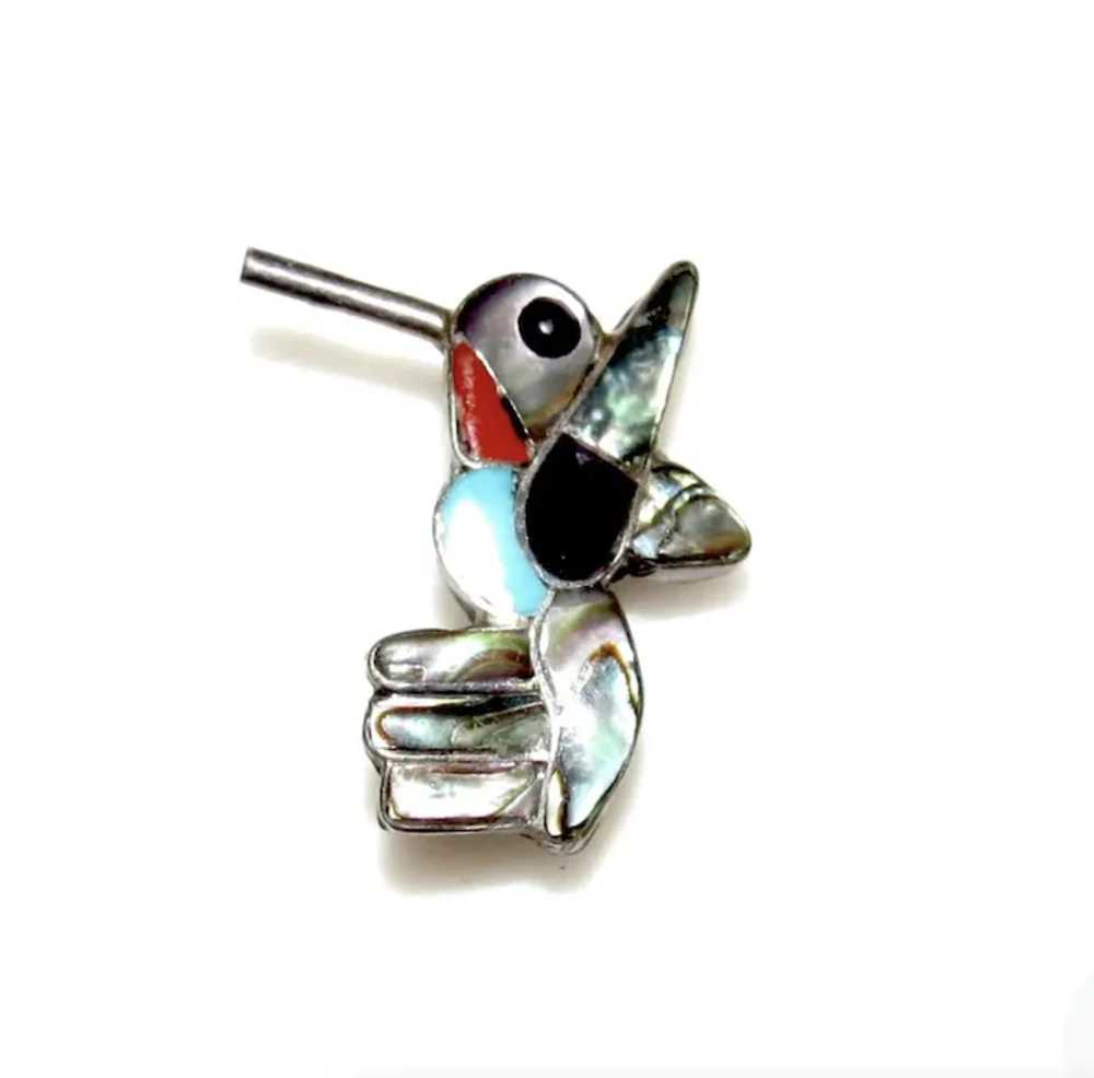 Old Pawn Zuni Inlay Hummingbird Pin Brooch Sterli… - image 3