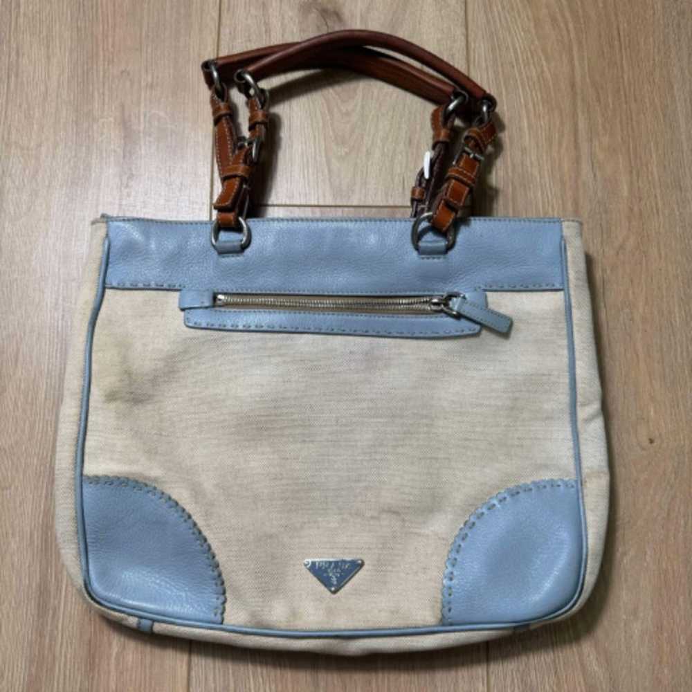 Authentic PRADA Canvas Blue/ Cream Tote - image 1