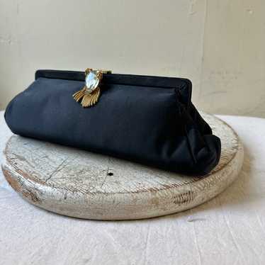 Vintage Ingber Purse Clutch Satin Black Rhineston… - image 1