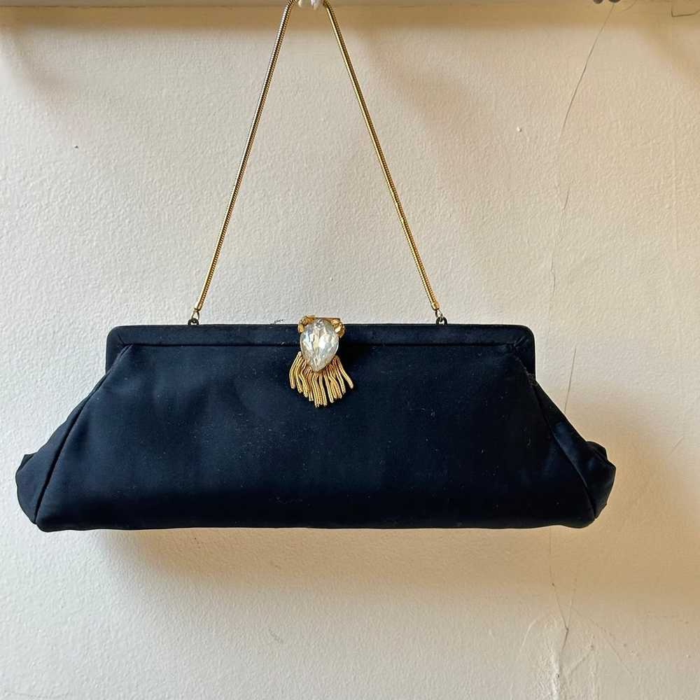 Vintage Ingber Purse Clutch Satin Black Rhineston… - image 3