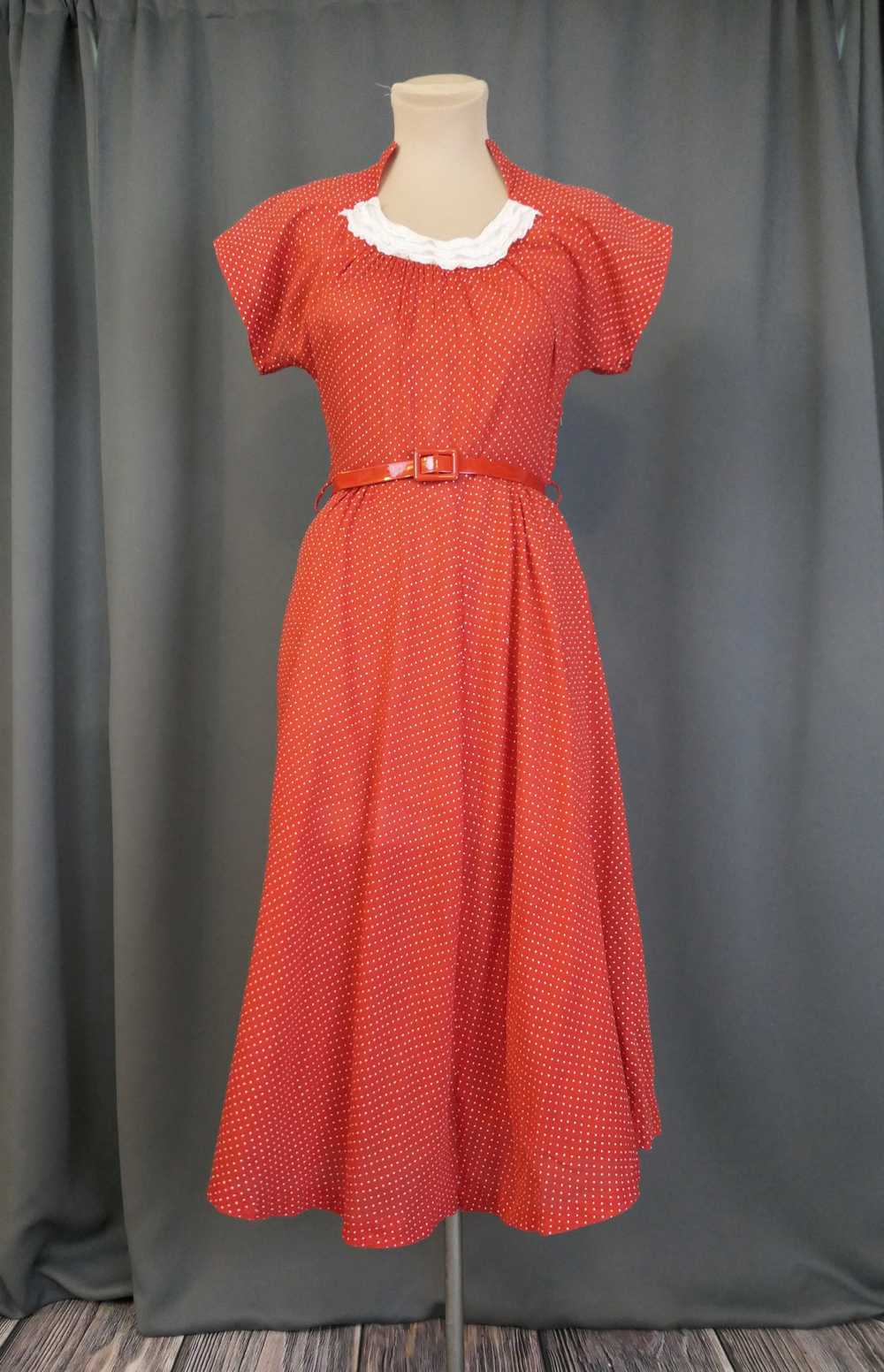 Vintage Red 1940s Dress White Dotted Swiss Cotton… - image 1