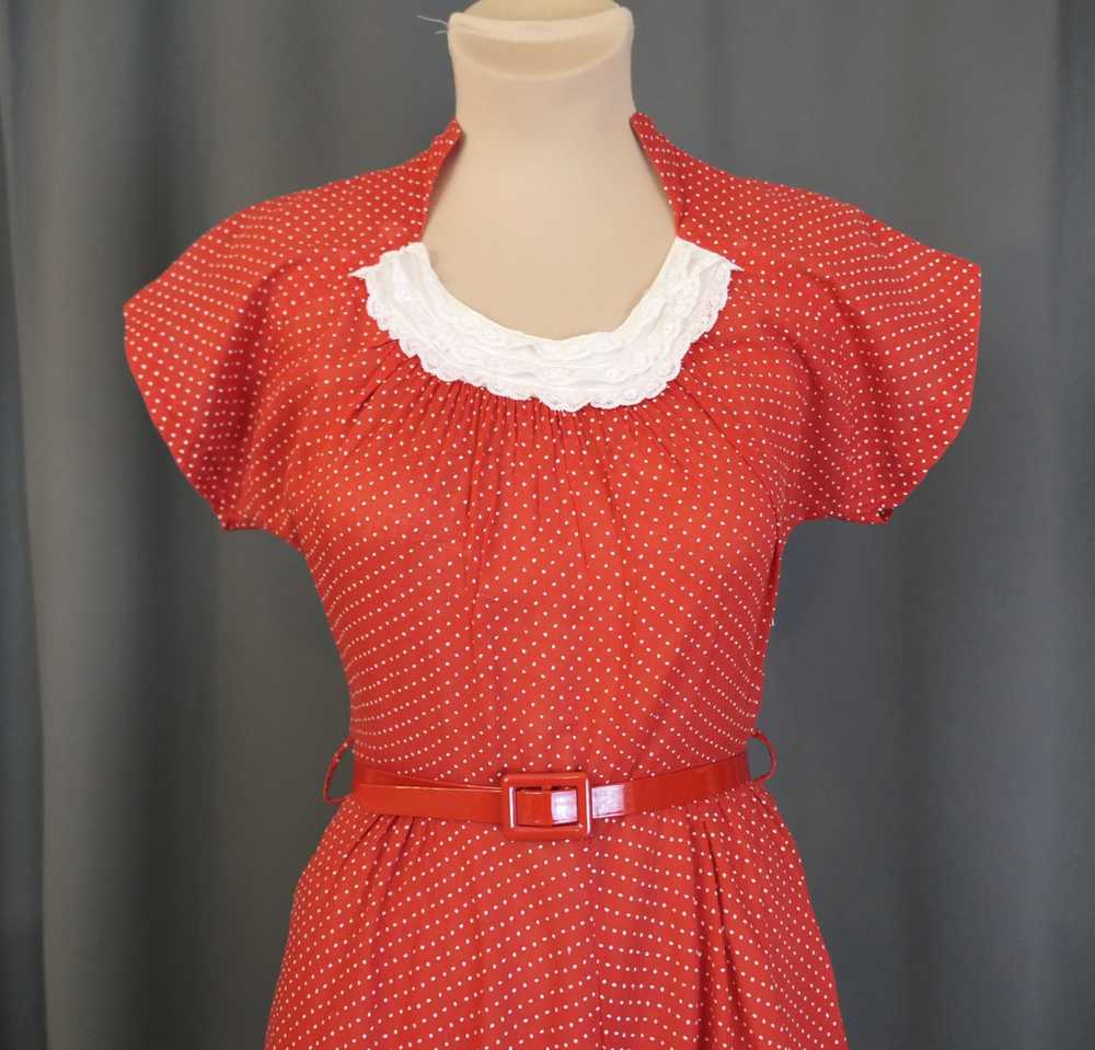 Vintage Red 1940s Dress White Dotted Swiss Cotton… - image 4