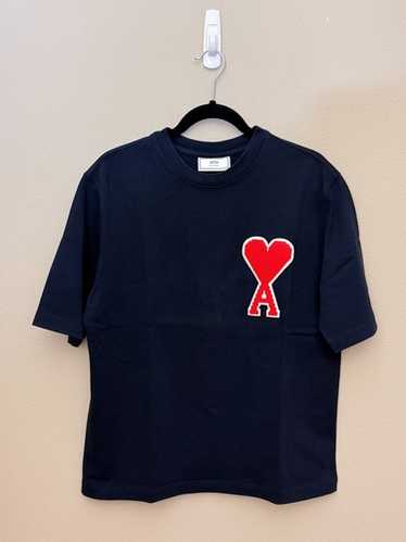 ★★AMI PARIS★★ Red Heart Logo T-Shirt Night Blue BFUTS235 Night Blue Red Ami De Coeur Long Sleeves T-Shirt | AMI PARIS