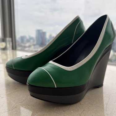 Escada☆ Green Leather Wedge Heel Pumps Size 37 - image 1