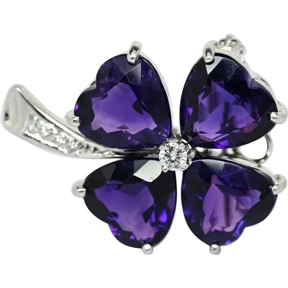 Amethyst Heart & Diamond Clover White Gold Brooch… - image 1