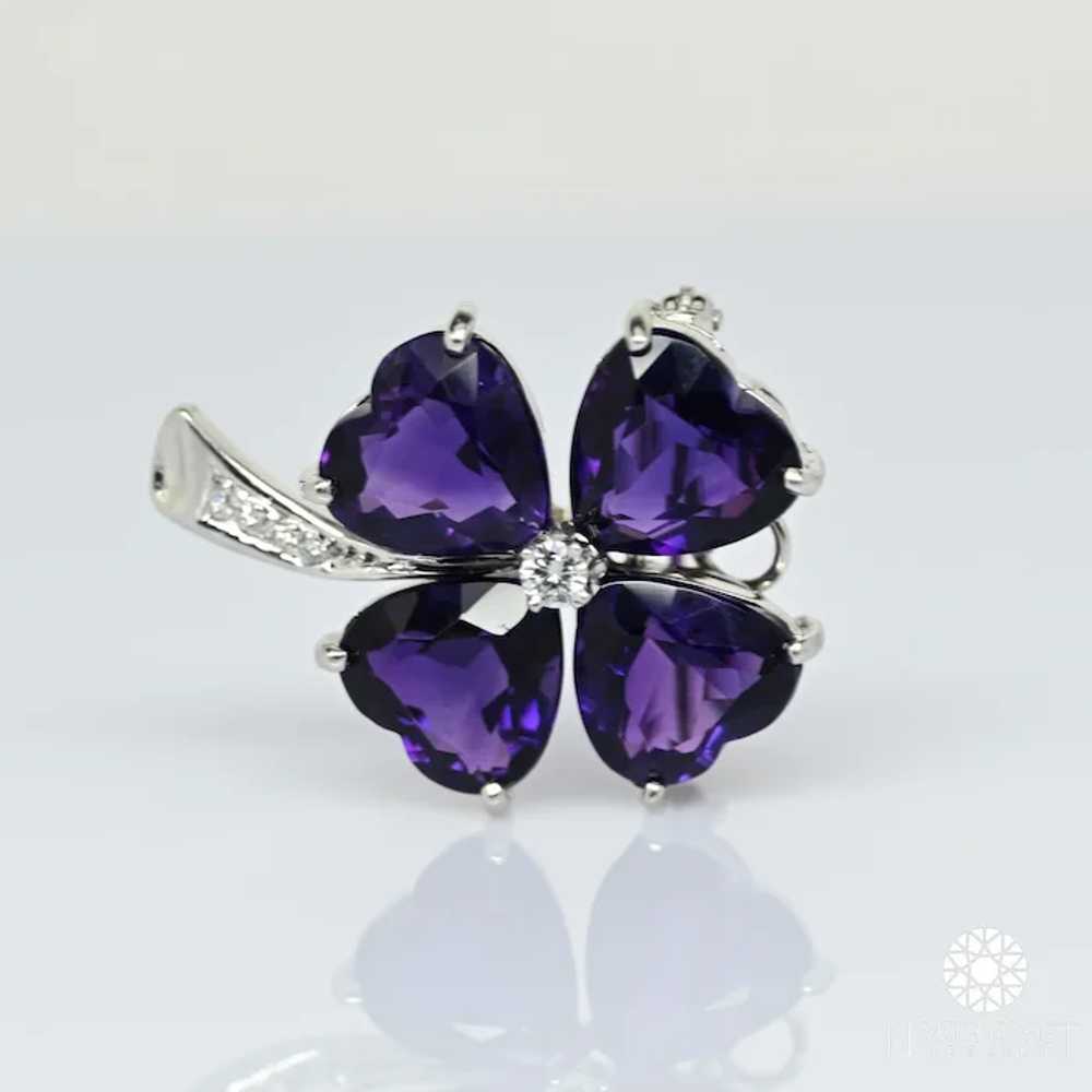 Amethyst Heart & Diamond Clover White Gold Brooch… - image 2