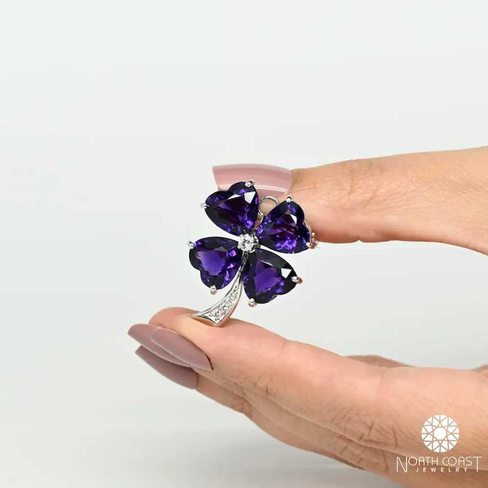 Amethyst Heart & Diamond Clover White Gold Brooch… - image 3