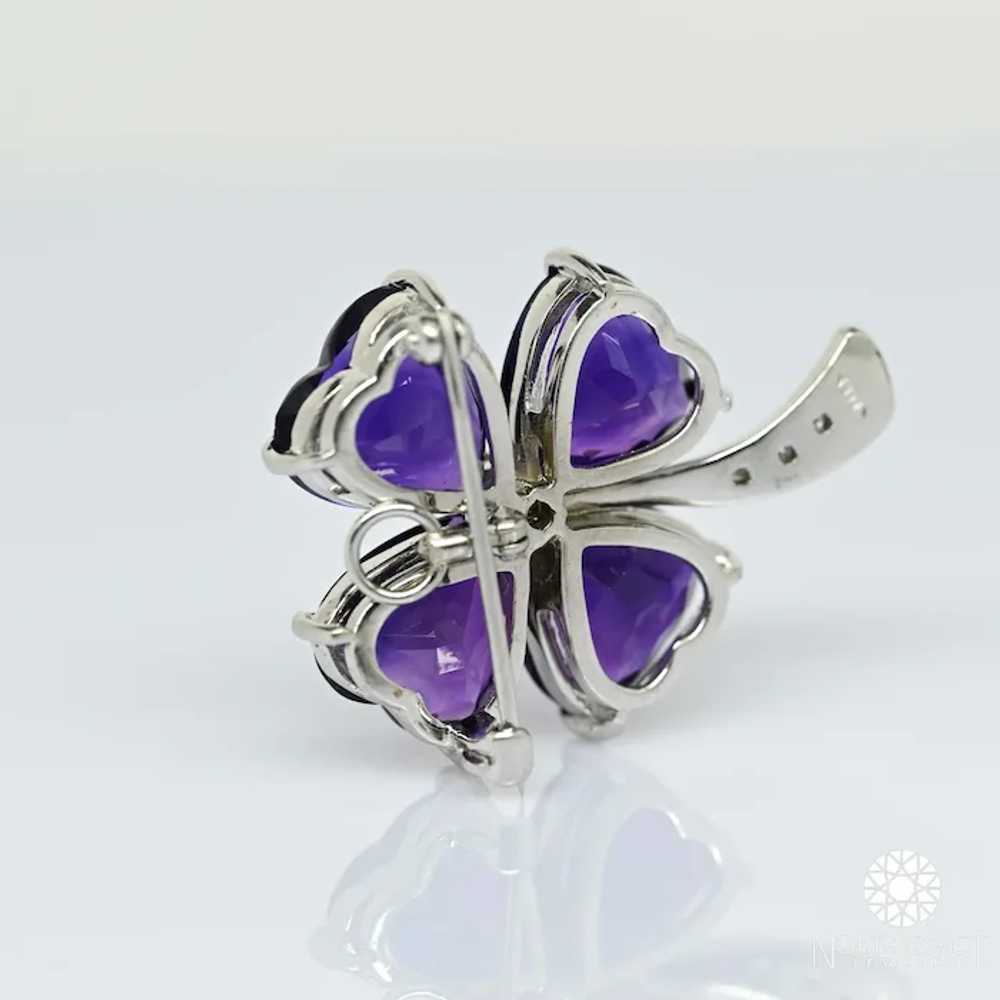 Amethyst Heart & Diamond Clover White Gold Brooch… - image 4