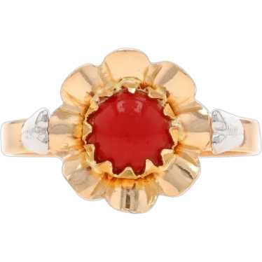 Yellow Gold Coral Solitaire Ring - 18k Round Caboc