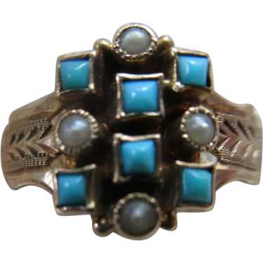 Antique Victorian 10K Turquoise Seed Pearl Ring