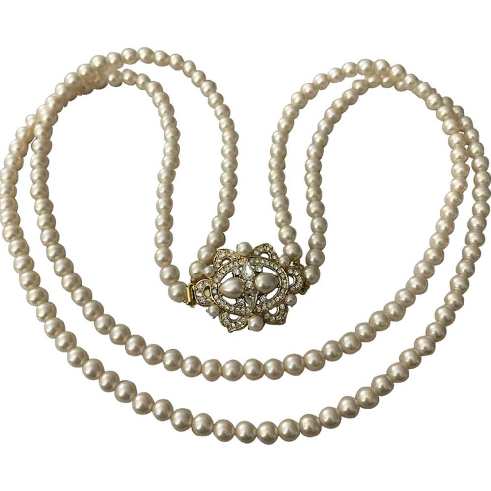 Vintage Trifari tm Faux Pearls 2 strands Necklace… - image 1