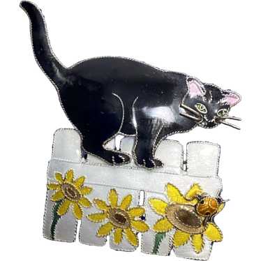 Vintage Cat on a fence sunflowers Sterling Enamel 