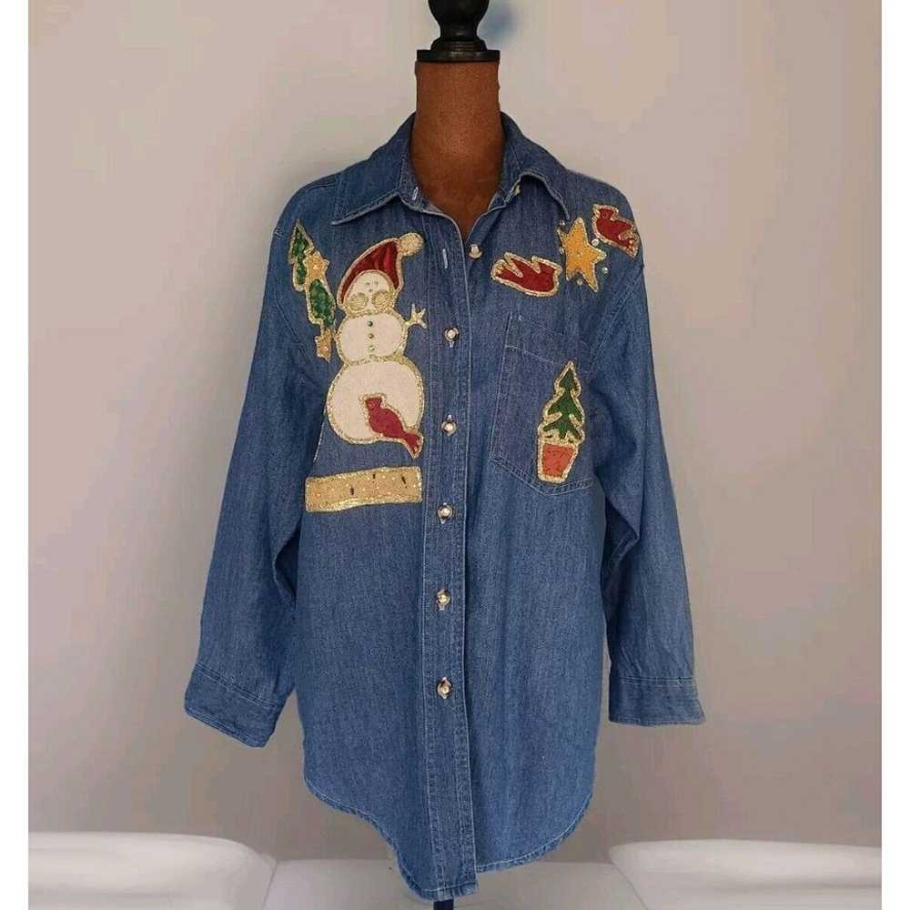 Vintage 1990s Christmas Denim Button Down Puff Pr… - image 1