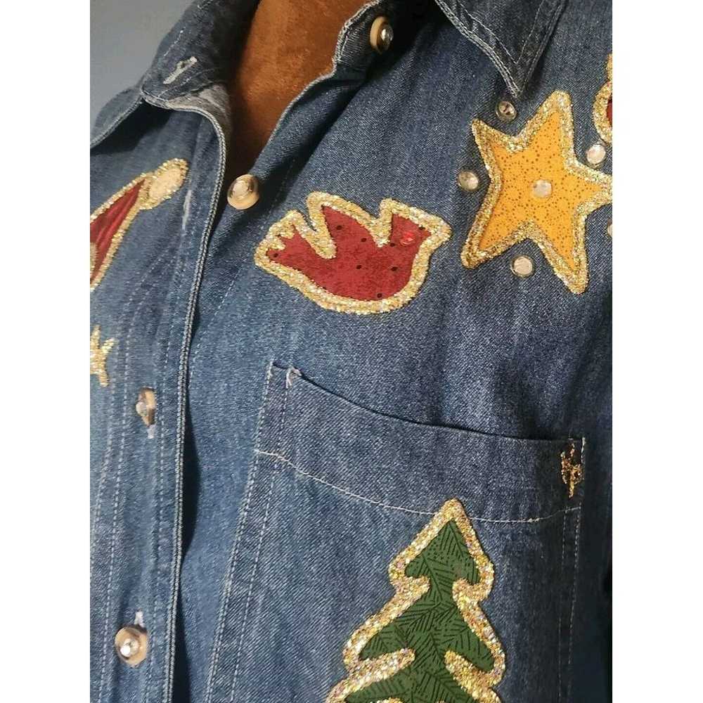 Vintage 1990s Christmas Denim Button Down Puff Pr… - image 3