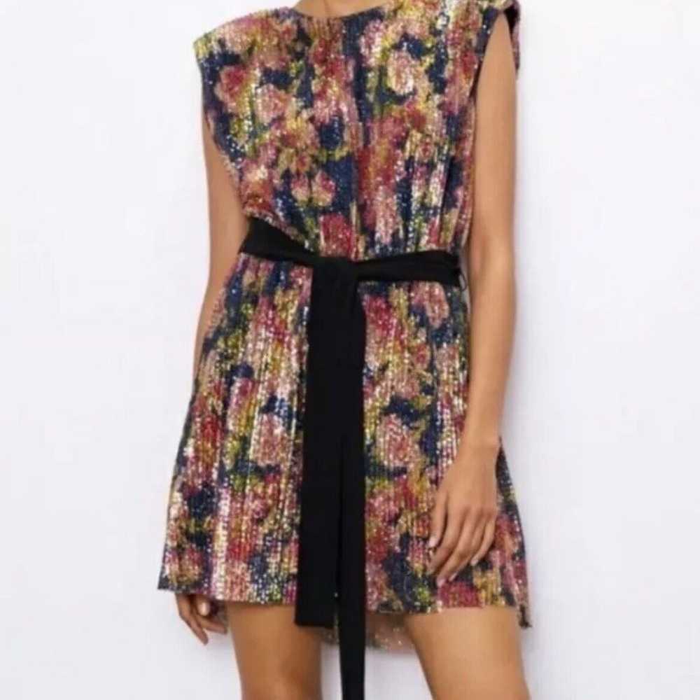 Zara Beautiful Sequined Floral Mini Dress. Size S - image 1