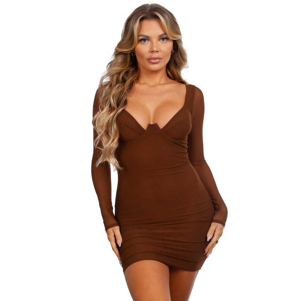 Tic Toc Brown Long Sleeve Sheer Mesh Bodycon Mini… - image 1