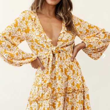 Floral Mustard Tie Knot Mini Dress