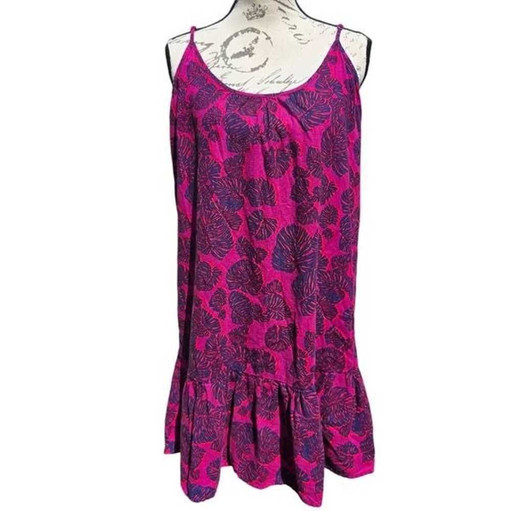 Loft Linen Blend Dress Fuchsia Leaf Print Ruffle … - image 1