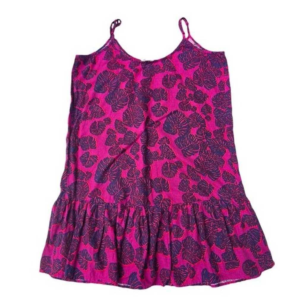 Loft Linen Blend Dress Fuchsia Leaf Print Ruffle … - image 3