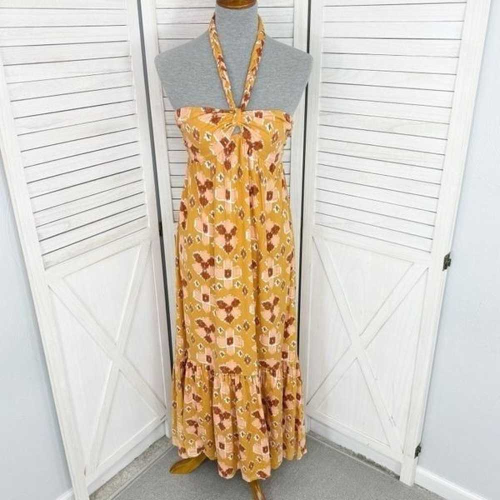 Aerie Ikat Linen Blend Tiered Tie Neck Maxi Sundr… - image 1