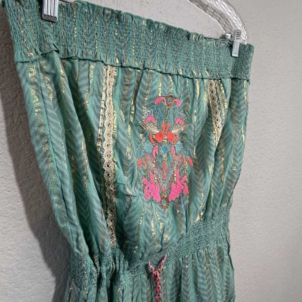 Venus size L Aqua/gold boho strapless smocked max… - image 2