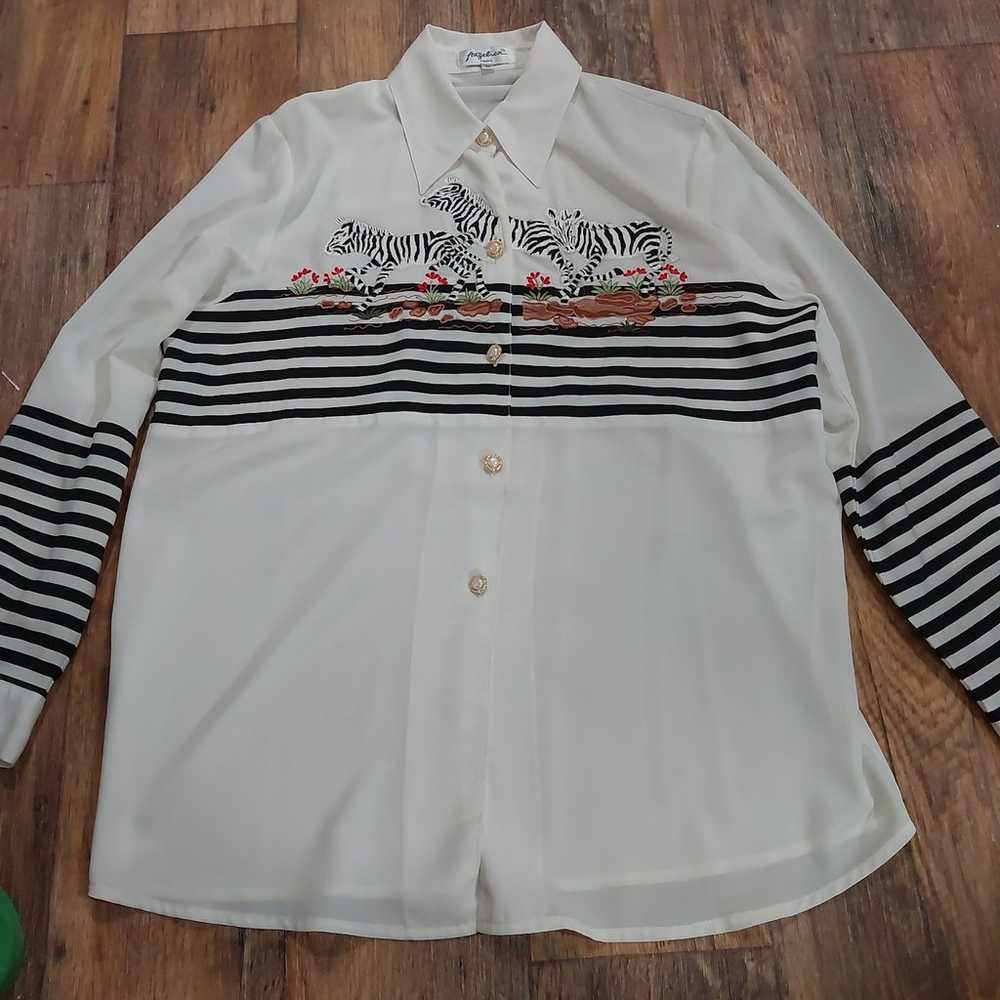 White Vintage Blouse with Embroidered Zebras Medi… - image 2