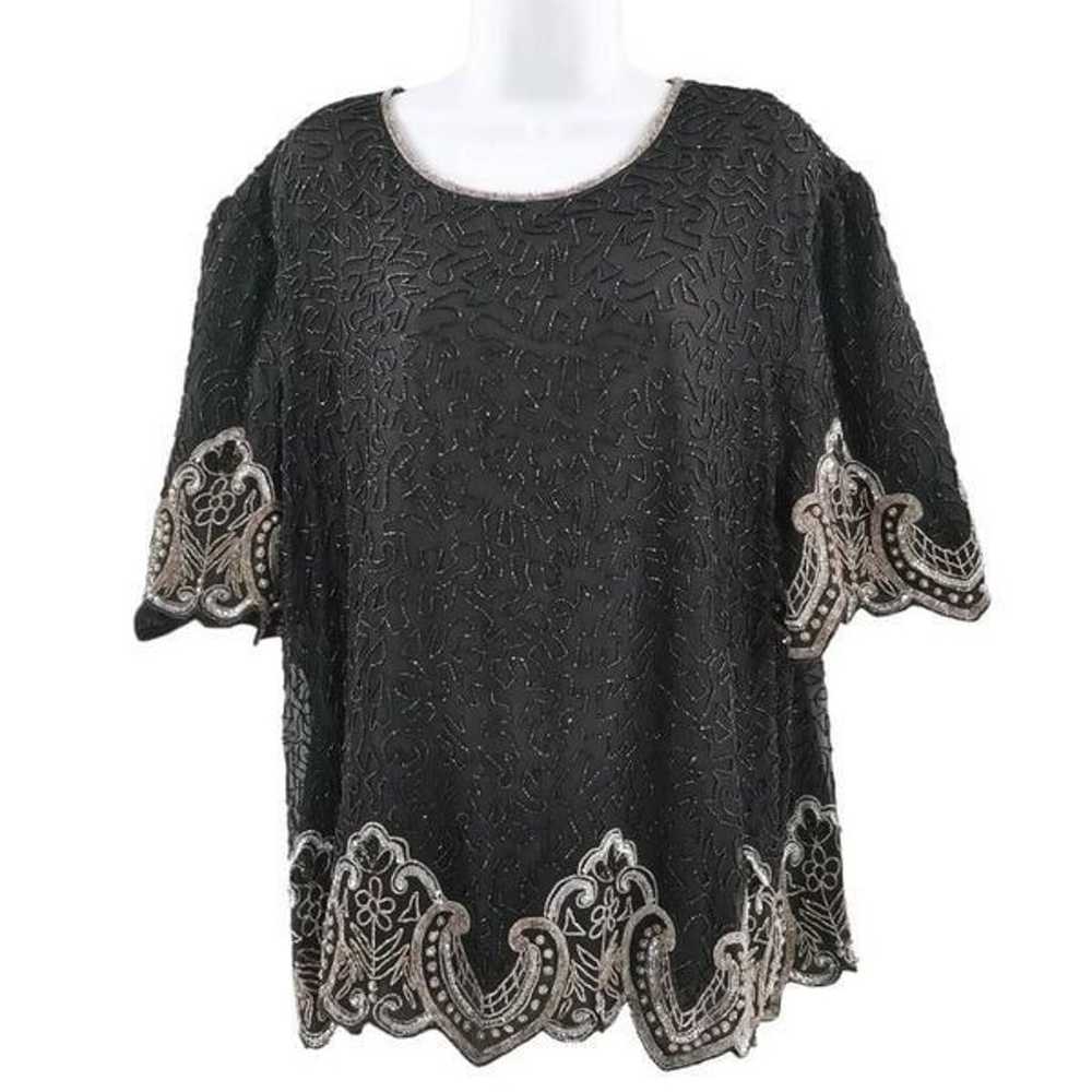 Vintage Black Silk Top Hand Embellished in Silver… - image 1