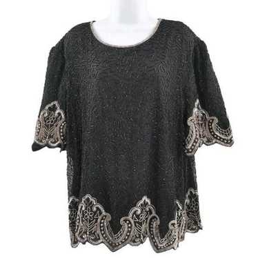 Vintage Black Silk Top Hand Embellished in Silver… - image 1