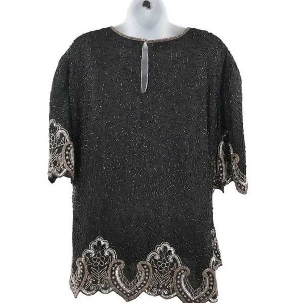 Vintage Black Silk Top Hand Embellished in Silver… - image 2