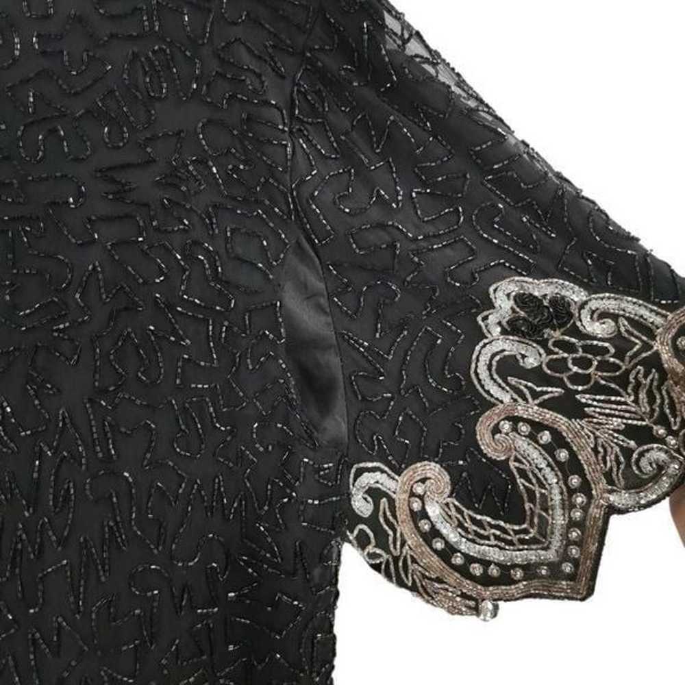 Vintage Black Silk Top Hand Embellished in Silver… - image 3