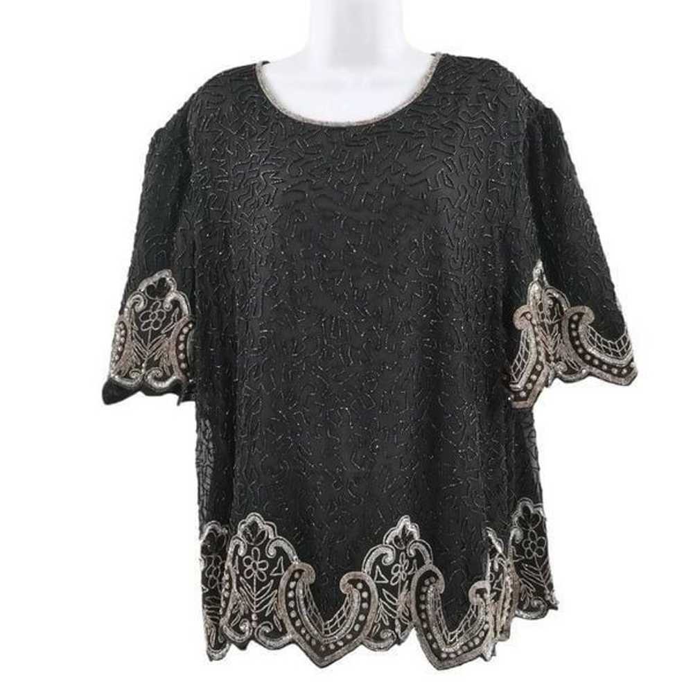 Vintage Black Silk Top Hand Embellished in Silver… - image 6