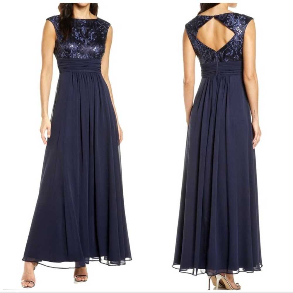 Eliza J Navy sequined chiffon maxi dress gown Sz 6 - image 1