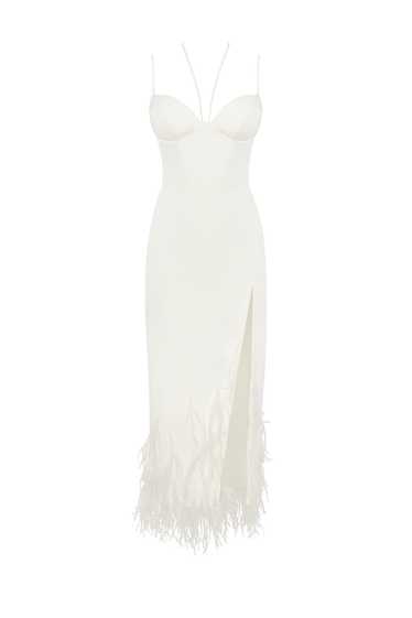 Milla White cocktail dress decorated with feathers