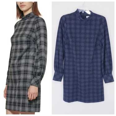 Calvin Klein Gray Plaid Zippered Long Sleeve Dress