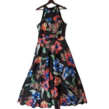 Tahari Arthur Levine Black Floral Halter Midi Dres