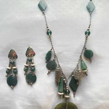 Green Jasper and Moss Agate Necklace with Earrings